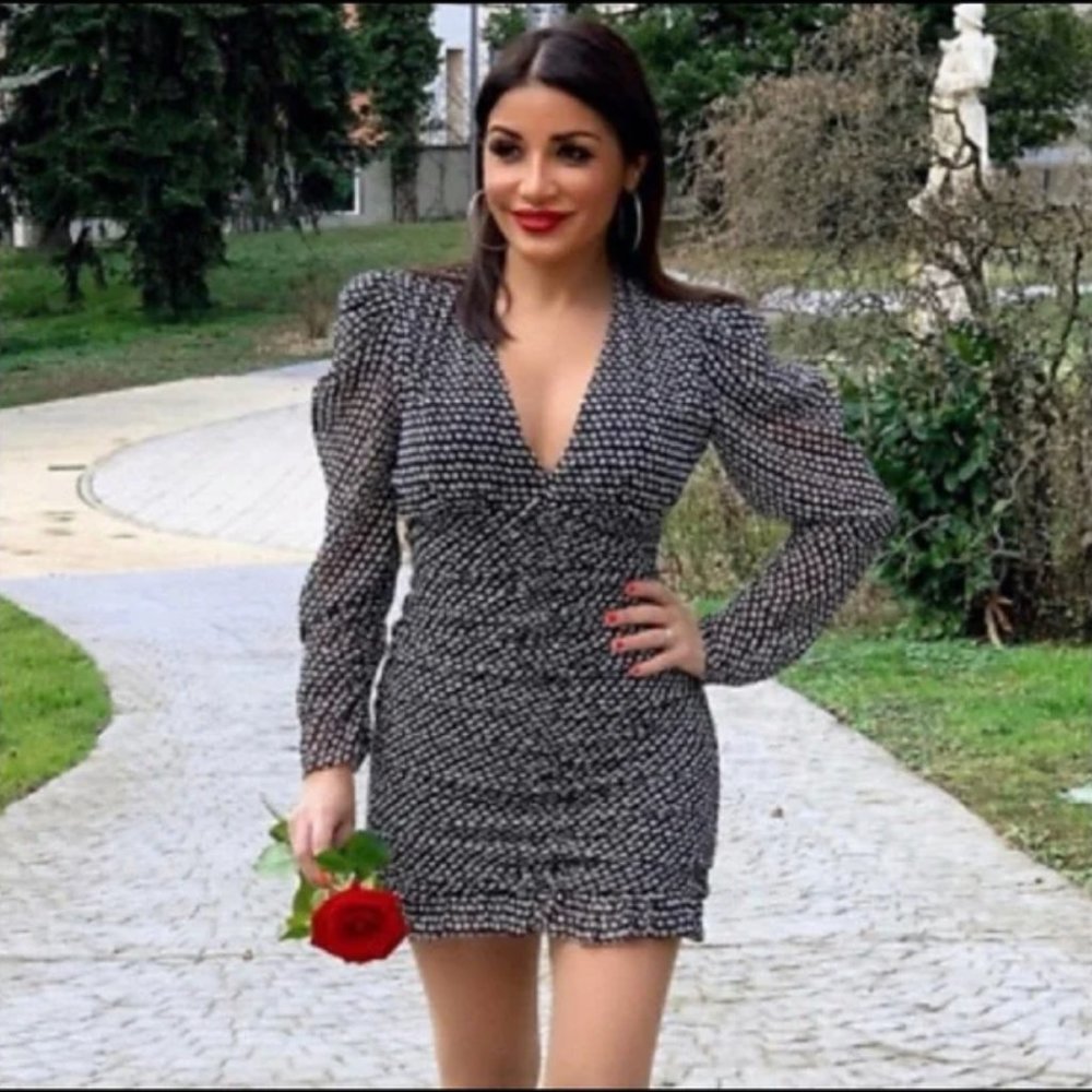 BNWT Zara ruched draped mini dress geometric black white